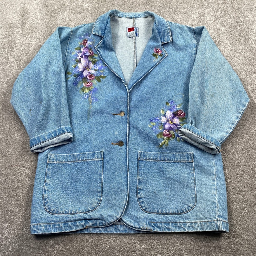 Sun Belt Denim Jacket Women Size S Blue Floral Hand Painted Vintage Chore Coat